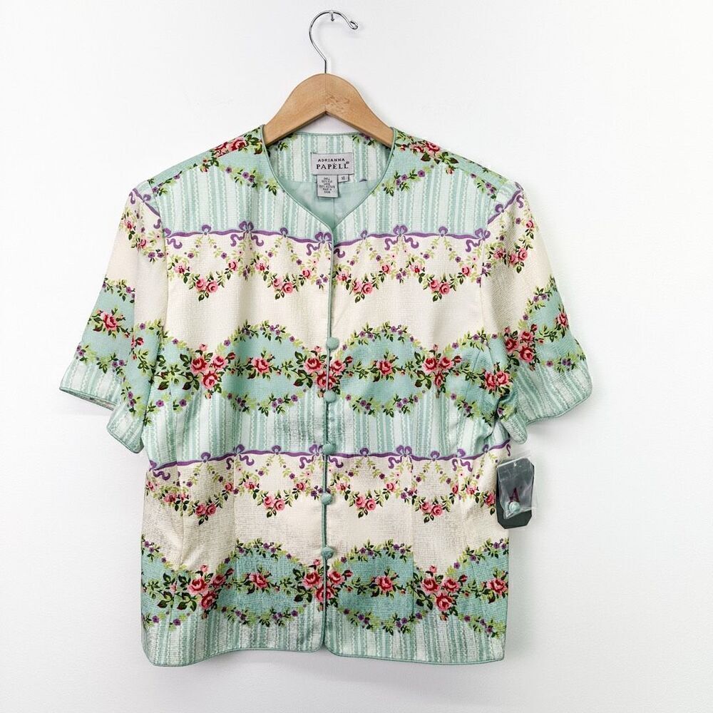 Adrianna Papell Women’s Two Piece Short Sleeve Button Front Silk Cottage Core Se